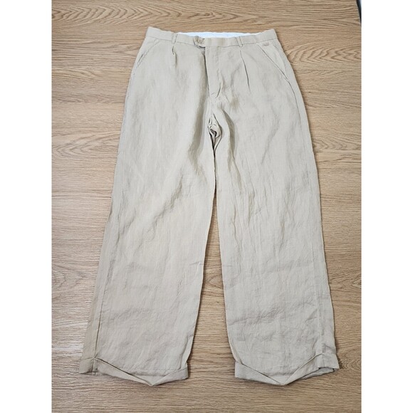 Steve Harvey Celebrity Edition Pants Mens 36 Chino Tan Linen Pleated Cuffed Hem - Picture 14 of 16